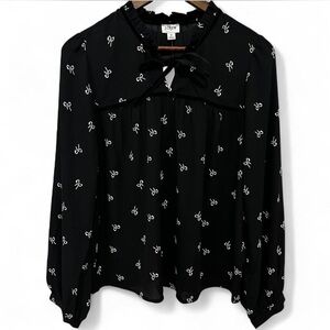 NWT J. Crew Black & White Bow Print Blouse Velvet Tie Front Long Slv Womens Med